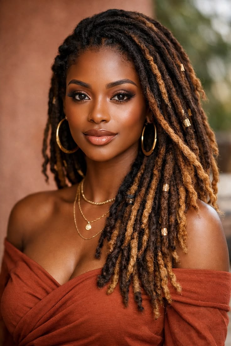 Shoulder-length locs coloured with honey-blonde highlights and gold cuffs