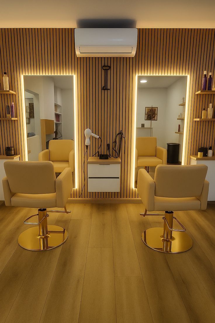 Salon styling stations with gold chairs and backlit mirrors