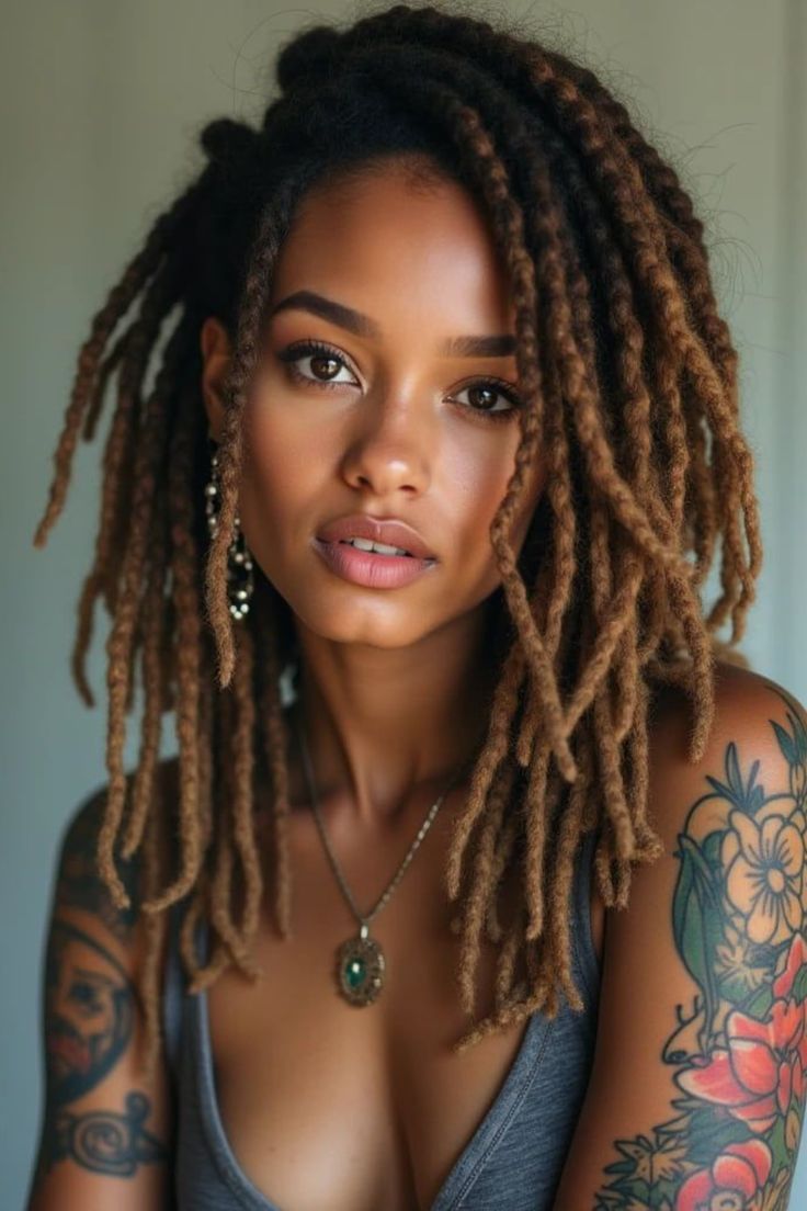 Long locs in copper and dark brown, worn loose past the shoulders