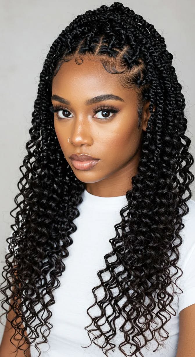Long, defined curly braids framing the face